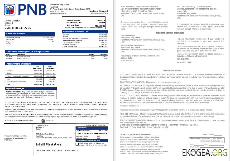 Relevé hypothécaire de la banque PNB des Émirats arabes unis à Dubaï aux formats Word et PDF